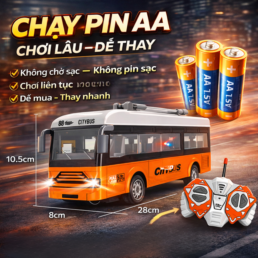 Xe bus điều khiển từ xa 4 chiều có đèn chạy pin AA – Mô hình xe bus city/school bus, xe điều khiển t