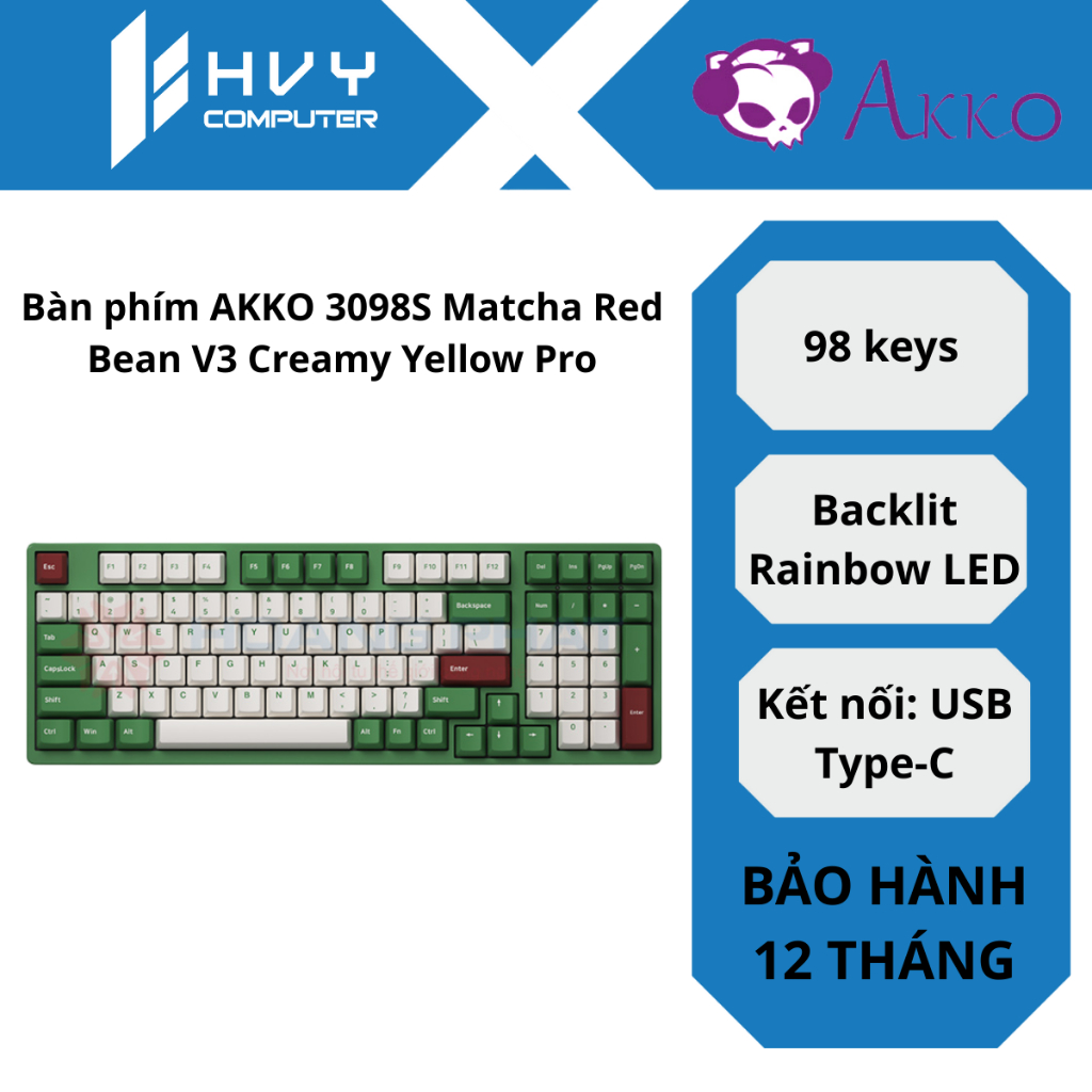 Bàn phím AKKO 3098S Matcha Red Bean V3 Creamy Yellow Pro - Hàng chính hãng
