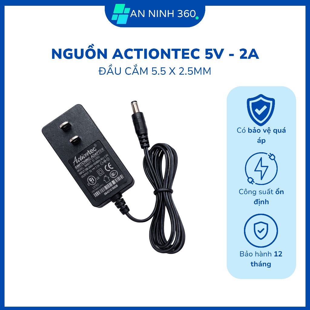 Nguồn 5V 2A Actiontec chân to 5.5x2.5mm, cho Converter Quang, Switch thường, BH 12 tháng | C16