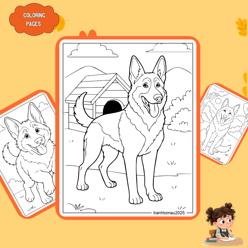 Bộ 50/25/10 tờ tranh tô màu, tranh tập tô cho bé, hình chó Becgie Đức German Shepherd, giấy A4, A5 t