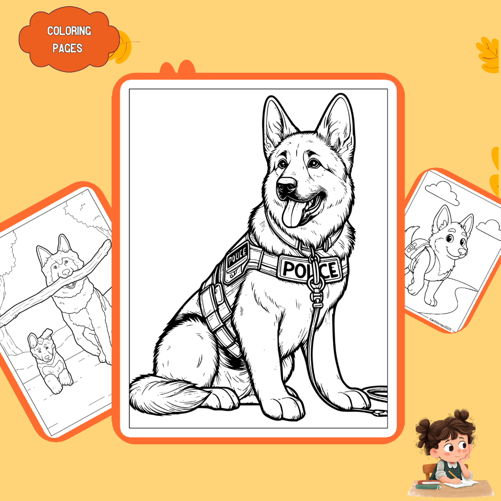 Bộ 50/25/10 tờ tranh tô màu, tranh tập tô cho bé, hình chó Becgie Đức German Shepherd, giấy A4, A5 t