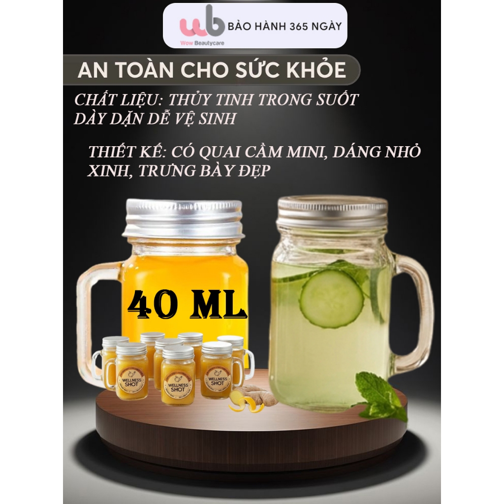 Ly thủy tinh mini 40ml có quai cầm, nắp bạc – đựng espresso, ginger shot, nước ép mini