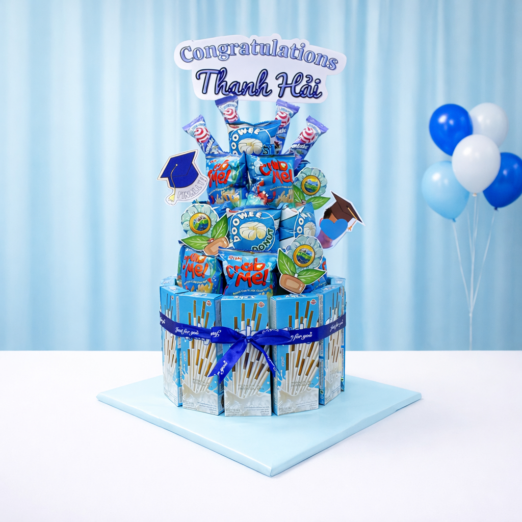 QUÀ ĂN ĐƯỢC | Tháp bánh kẹo theo tone màu kèm banner thông điệp tặng dịp sinh nhật, tốt nghiệp, lễ thiếu nhi