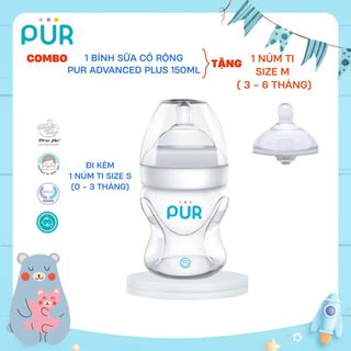Bình sữa cổ rộng Pur Advanced Plus 150ml, có sẵn 1 núm size S (0-3th) trong bình