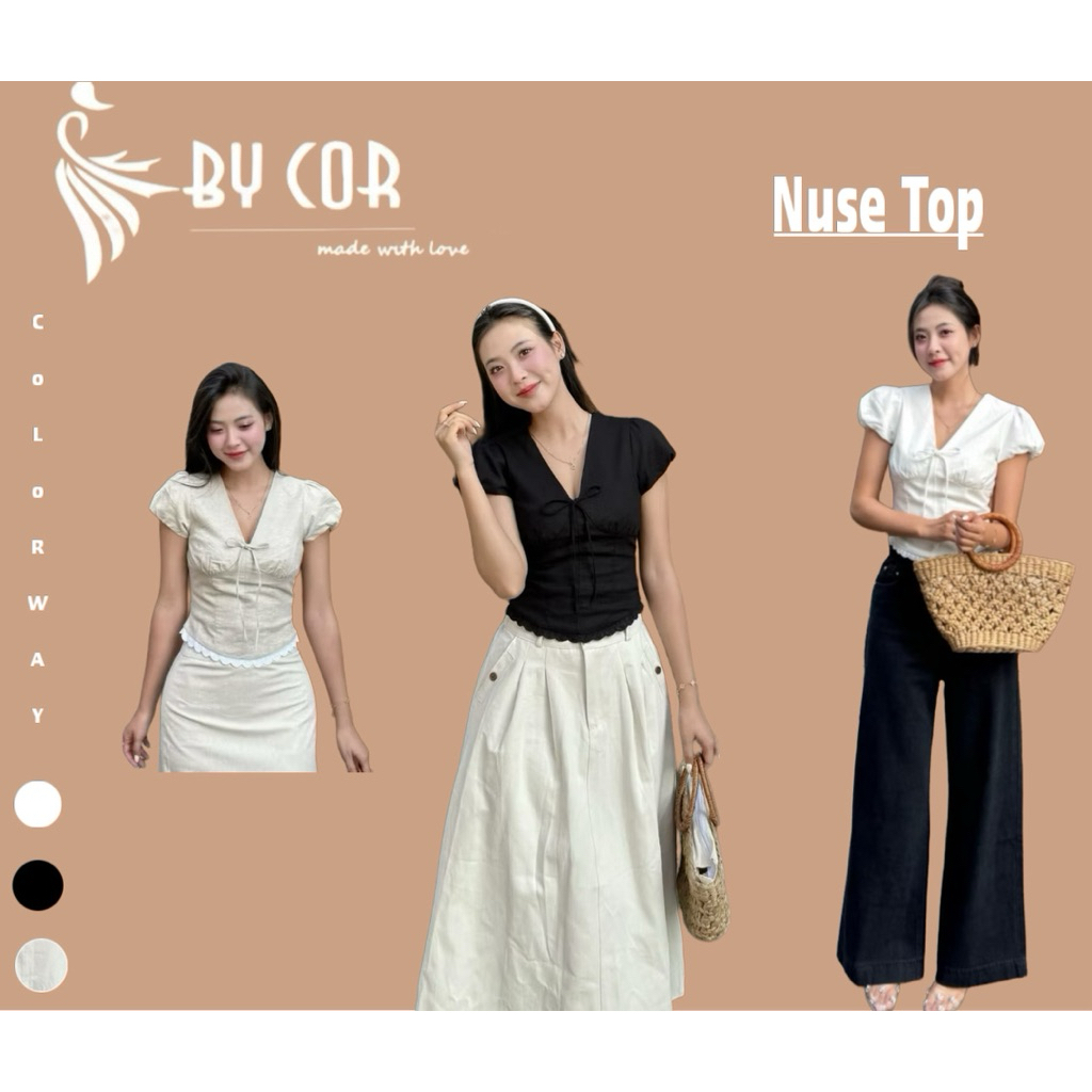 NuSe Linen Top / By cor/ Áo Kiểu nữ Linen cổ V tay bồng