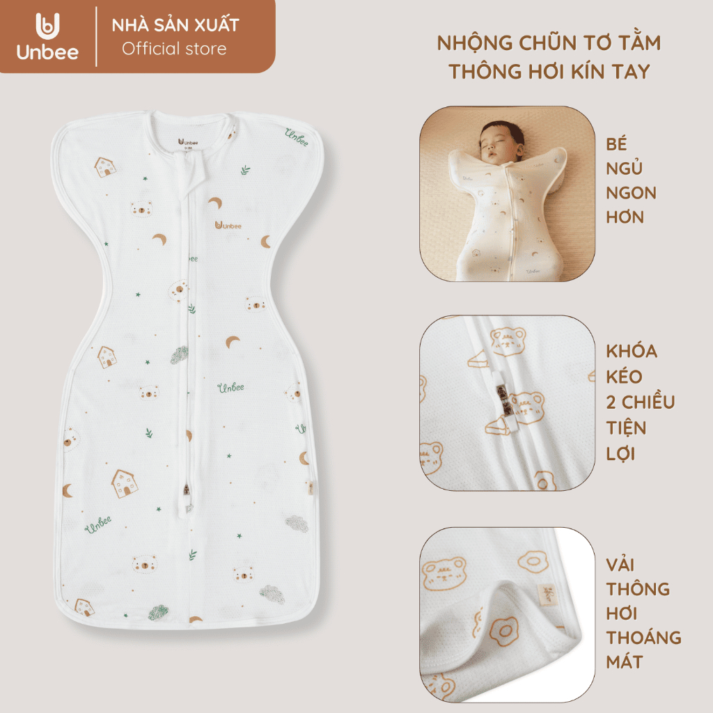 Nhộng Thông Hơi Kín Tay Unbee Tơ Tằm Giảm Giật Mình, Ngủ Ngon (Size 3-9kg)