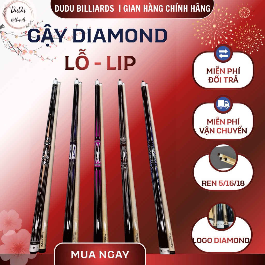 Cơ Bida Diamond lỗ - lip. Cơ bida Diamond họa tiết hoa văn đẹp. Cơ Diamond Lip 11.5mm, 13mm