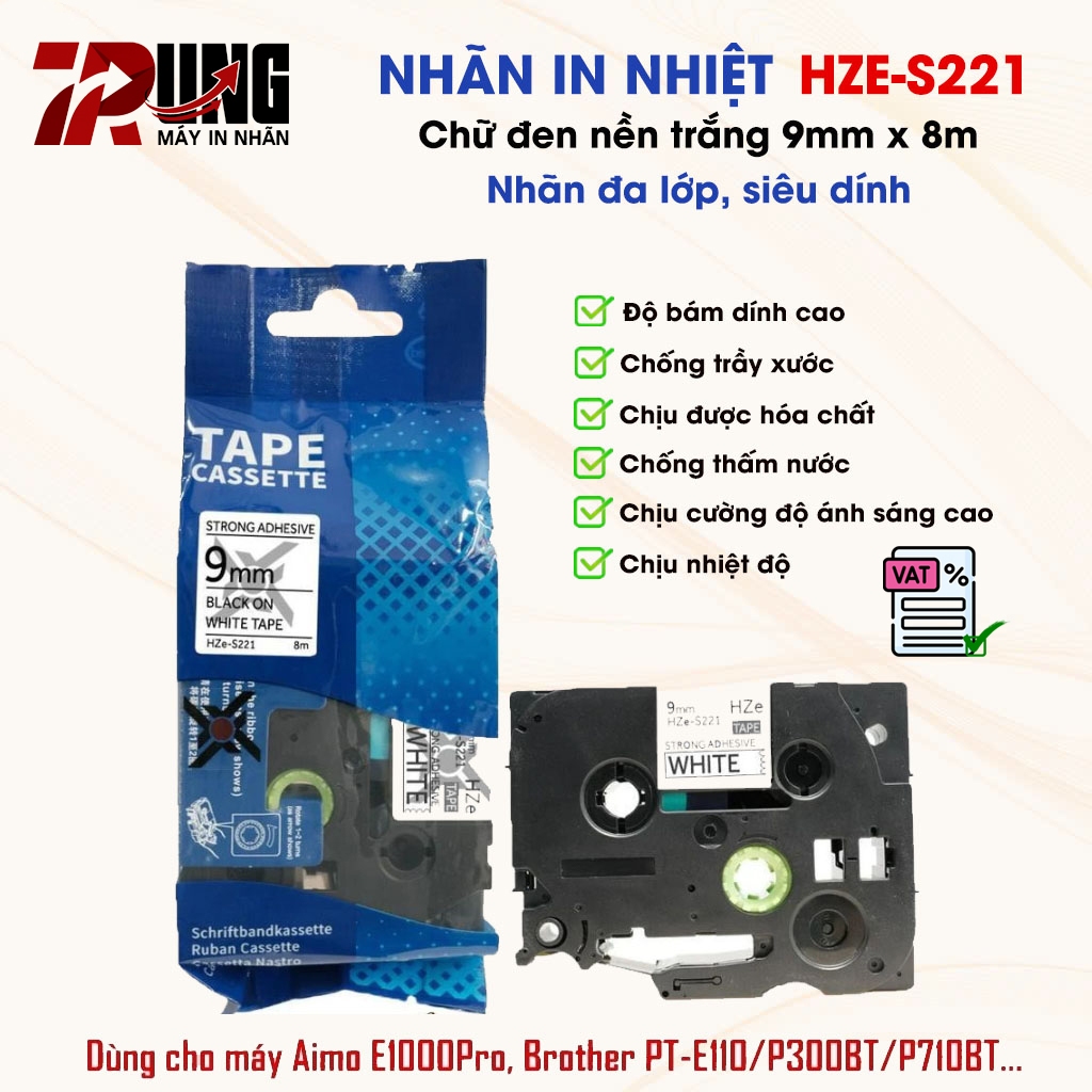 Nhãn In HZe-S221 (Chữ Đen Trên Nền Trắng, khổ 9mm X 8M) - Tương Thích Nhãn Brother TZe-S221