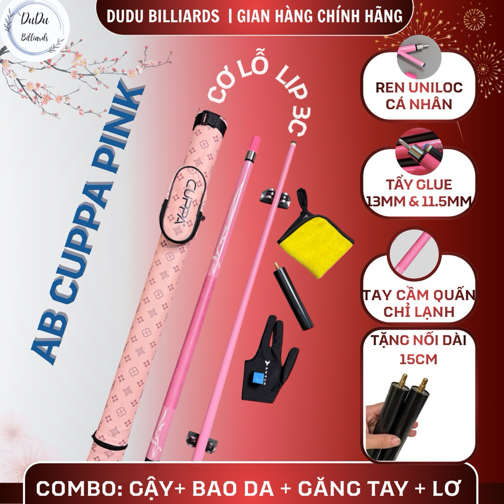 Cơ bida lỗ AB Cuppa Pink S9, tặng kèm tay nối dài 15cm
