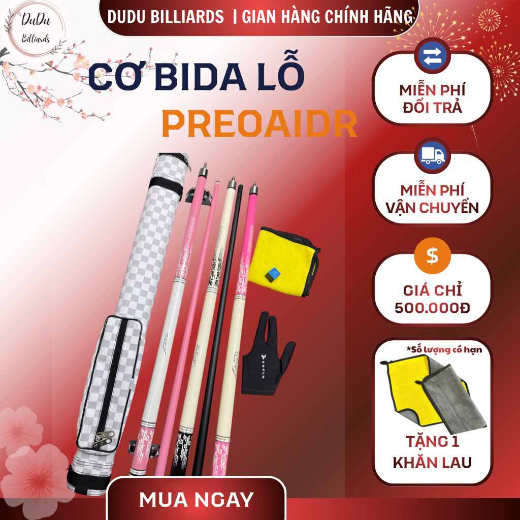 Cơ Bida PREOAIDR Phủ Carbon Cao Cấp, Ruby , Cơ Bida Lỗ 13mm, Giảm Văng Bạt, Tay Cầm Chống Trơn