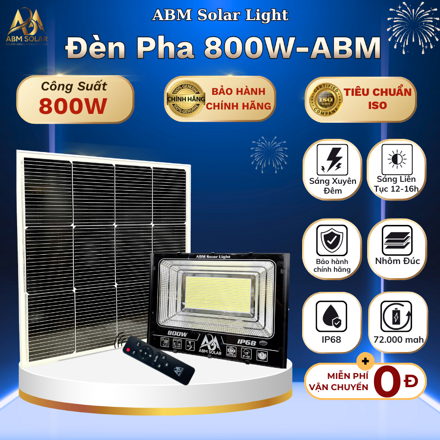 [800W] Đèn Pha Năng Lượng Măt Trời ABM SOLAR, Chất Liệu Nhôm Nguyên Khối, Tấm Pin Mono Sạc Nhanh