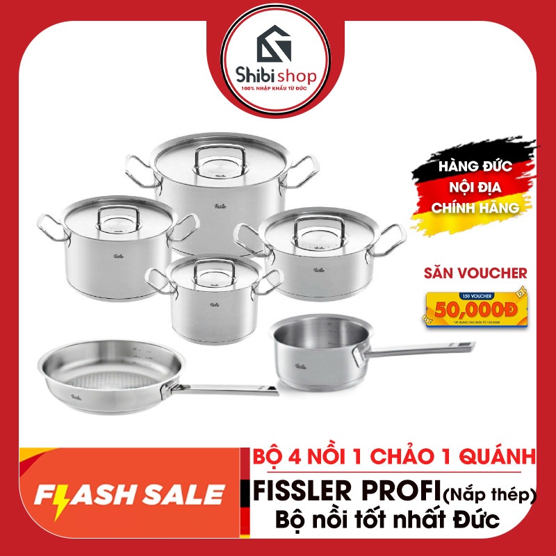 Bộ nồi Fissler Profi set 6 món kèm quánh và chảo inox size 24cm vung inox made in Germany