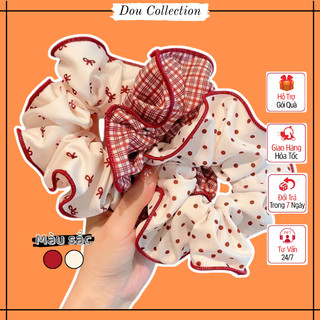 Cột Tóc Scrunchie Nữ, Chất Cotton Nhún Bèo Phối Viền Màu Hoạ Tiết Caro Nơ Nhiều Mẫu Buộc Tóc Hàng Ngày – Mã DT071