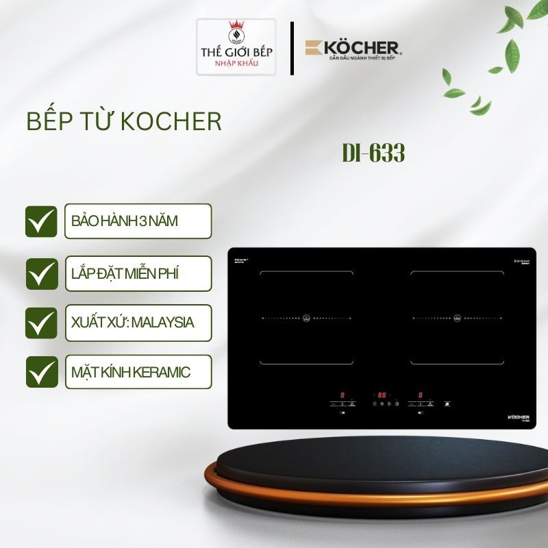 Bếp từ đôi Kocher DI-633 -  Tự nhận diện kích cỡ đáy nồi - Tối ưu hiệu suất nấu - Hàng chính hãng