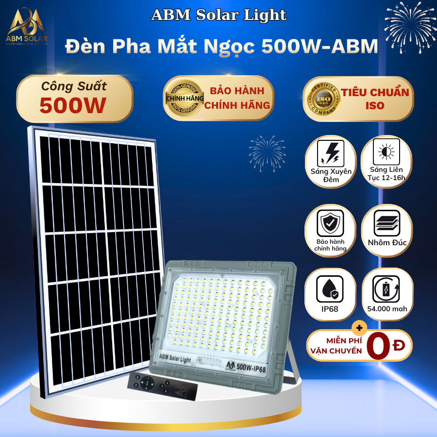 [500W] Đèn Năng Lượng Mặt Trời Nhôm Đúc Nguyên Khối,Chống lóa lắp trong nhà, Kho Hàng ABM SOLAR
