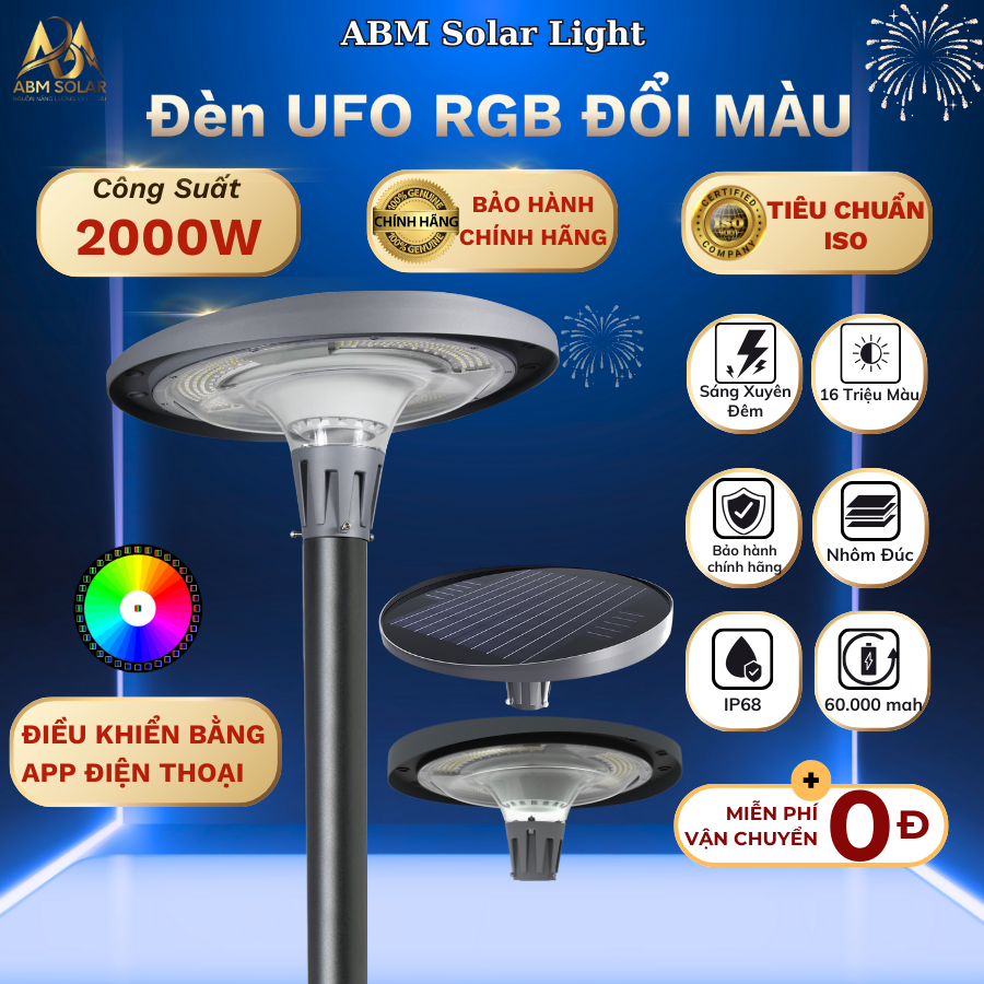 [2000W] Đèn Năng Lượng Mặt Trời Sân Vườn, Đĩa Bay UFO Nhôm Đúc Led Công Trình Siêu Sáng, Chống nước 