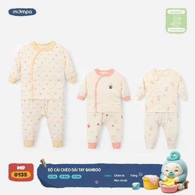 Đồ bộ cho bé sơ sinh Mompa dài tay 0-9 tháng vải Sợi tre Bamboo mềm mại co giãn cúc chéo 0135