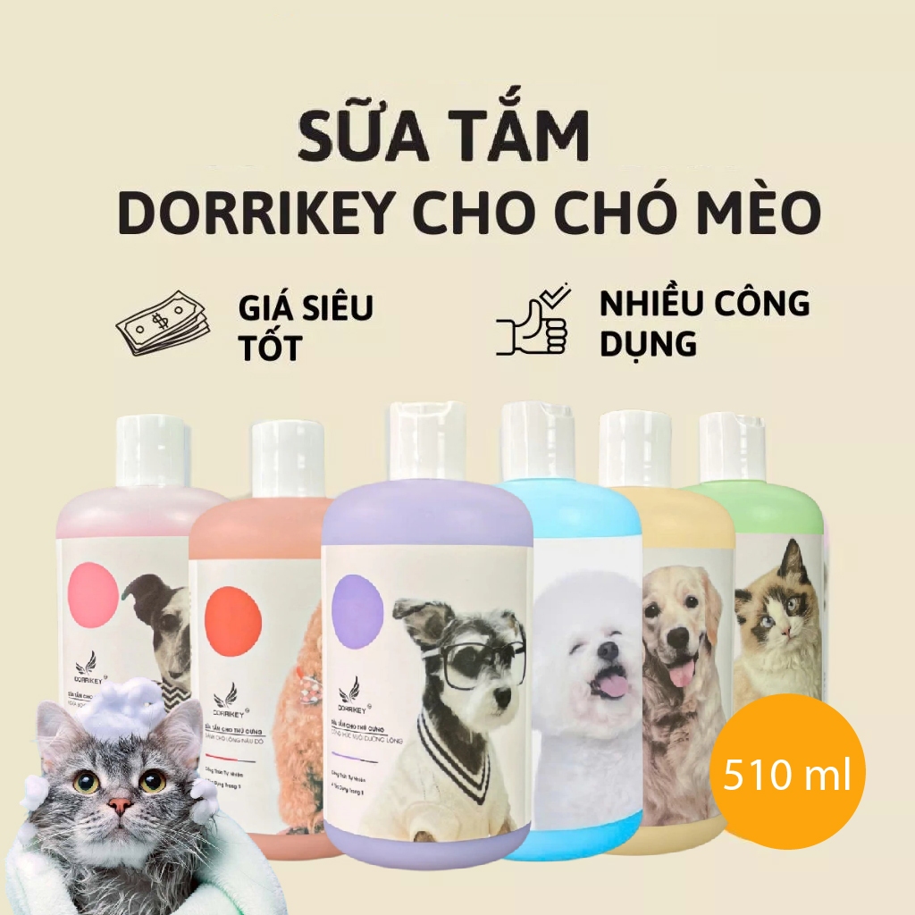 Sữa tắm cho chó mèo , sữa tắm Dorrikey diệt ve rận nấm ngứa  mượt lông cho thú cưng chai 510ml