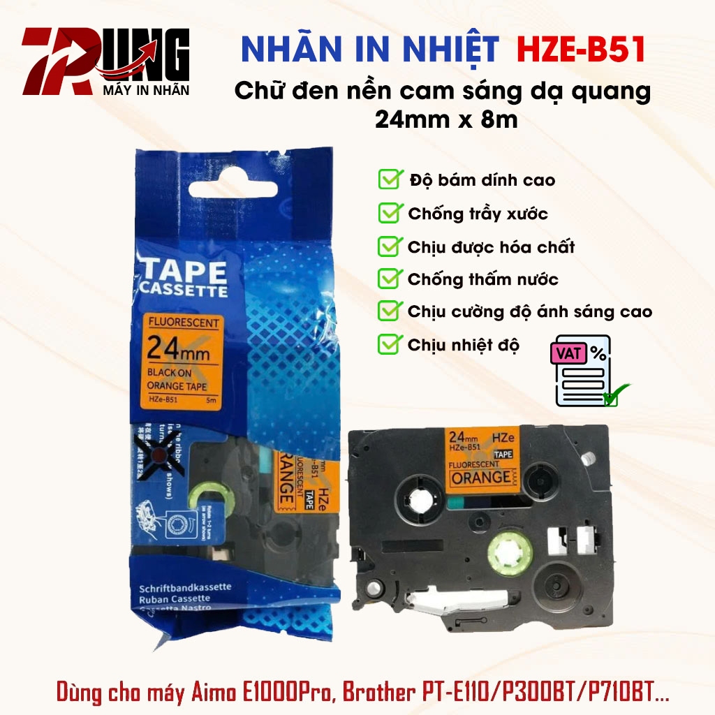 Nhãn In HZe-B51 (Chữ Đen Trên Nền Cam Sáng Dạ Quang, khổ 24mmX8M) -Tương Thích Nhãn Brother TZe-B51
