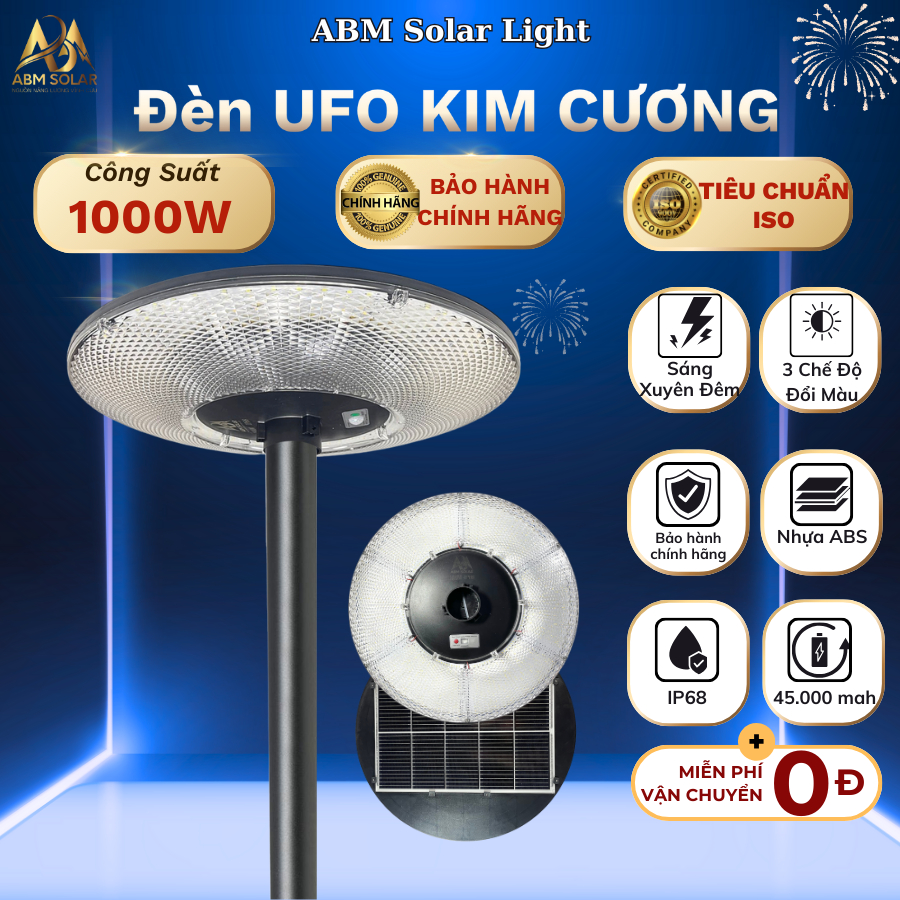 [1000W] Đèn Năng Lượng Mặt Trời UFO Tròn Trang Trí Sân Vườn ABM, Đổi 3 Màu, Cảm Biến Chuyển Động