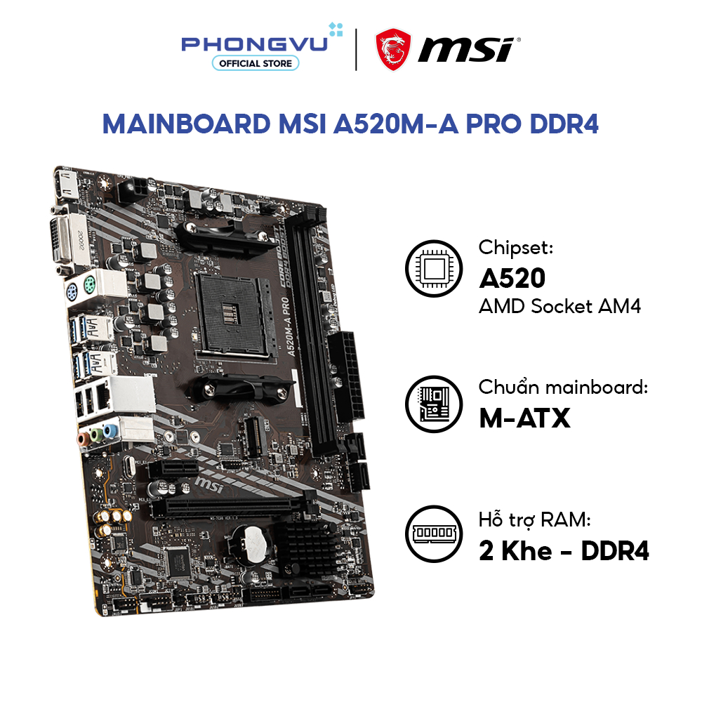 Mainboard MSI A520M-A PRO - Chipset A520 - Socket AM4 - Micro-ATX - Bảo Hành 36 Tháng