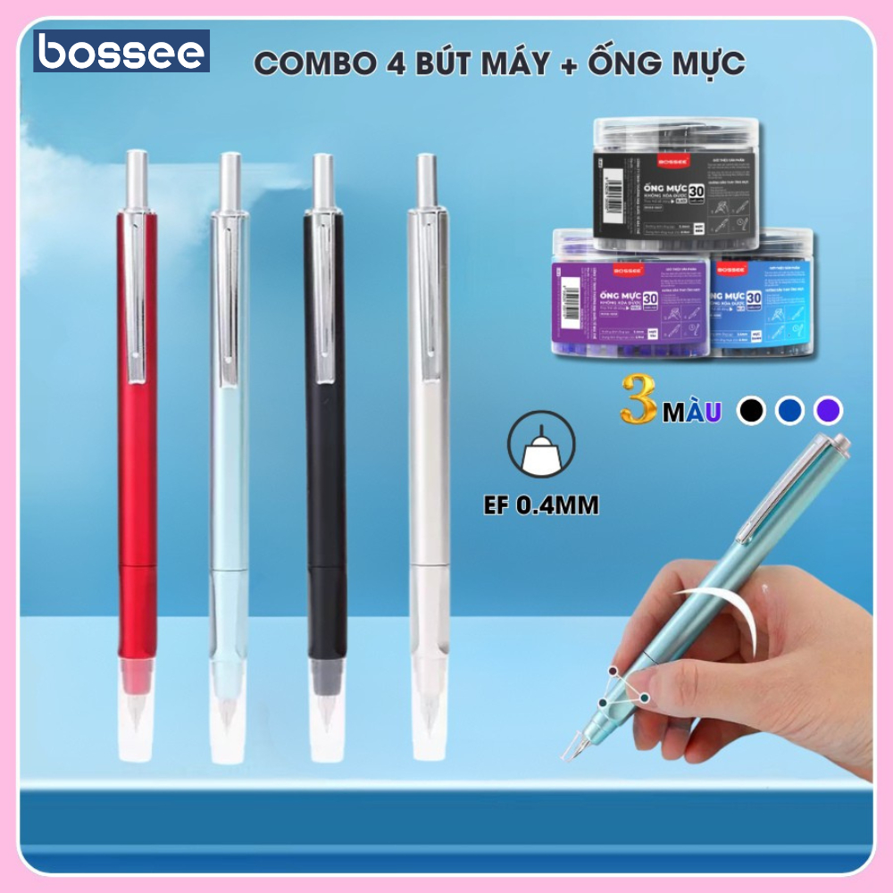 Set 4 Bút Máy+ hộp 50 mực Ngòi EF 0.4mm Nét Thanh Mực Nhanh Khô dành cho học sinh luyện viết chữ