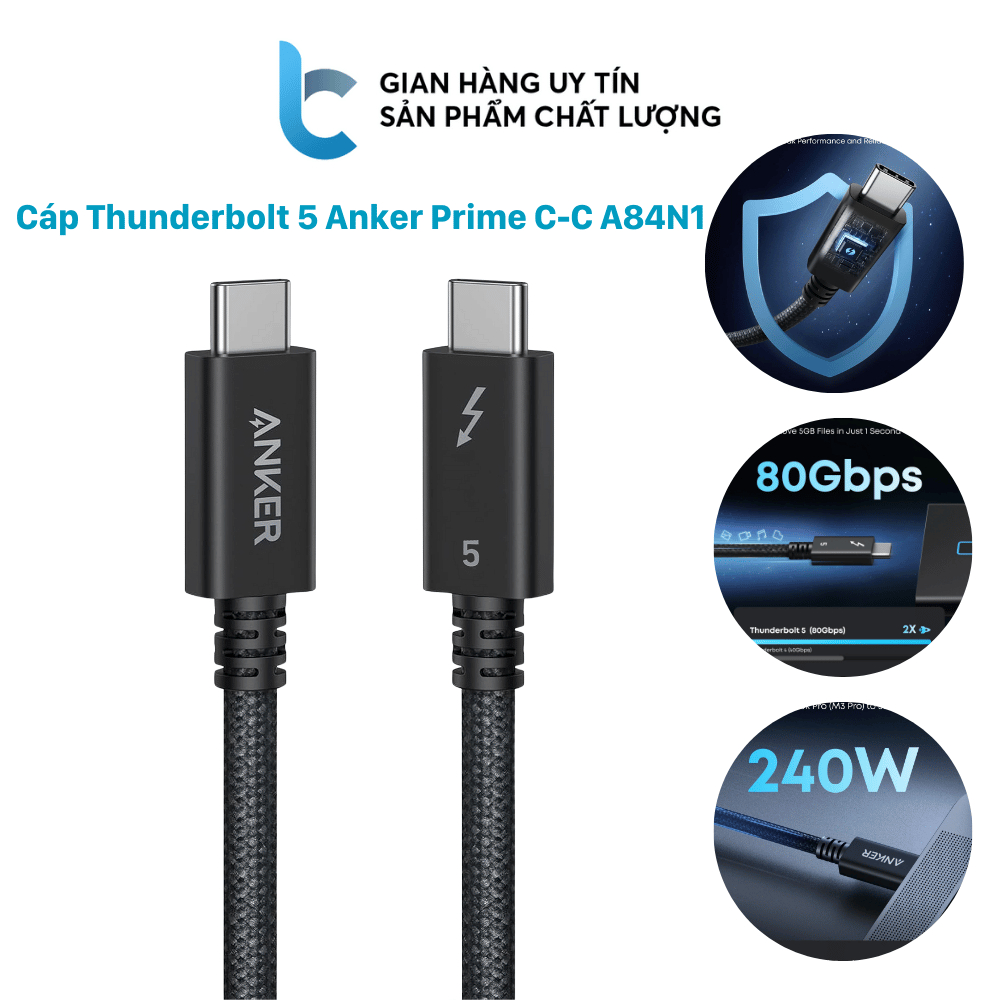 Cáp Thunderbolt 5 Anker Prime A84N1 USB-C Tốc Độ Truyền Dữ Liệu 80Gbps Sạc Nhanh 240W dài 50cm