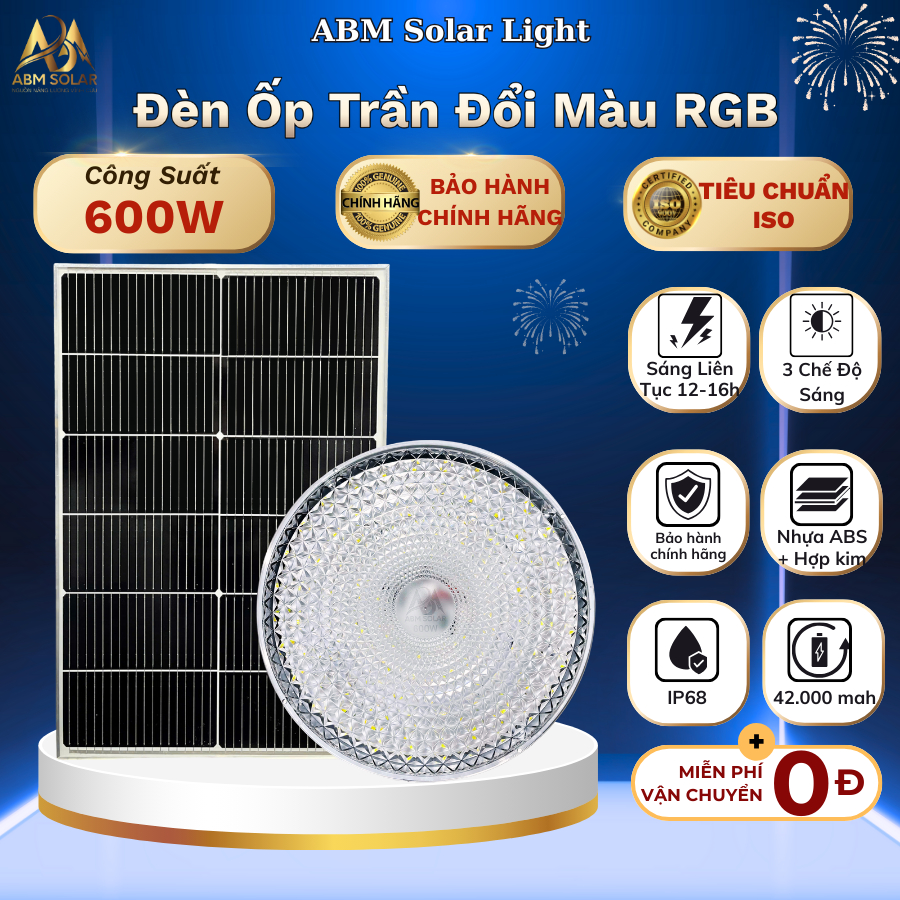 [600W] Đèn Ốp Trần Năng Lượng Mặt Trời, Điều Chỉnh 3 Màu Led, Hàng Chính Hãng ABM SOLAR