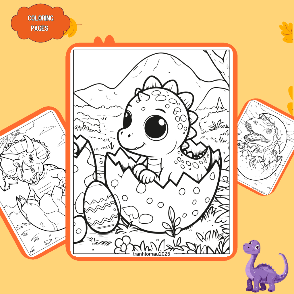 Bộ 50/25/10 tờ tranh tô màu, tranh tập tô cho bé, hình trứng khủng long Dinosaur Eggs, giấy A4, A5 d