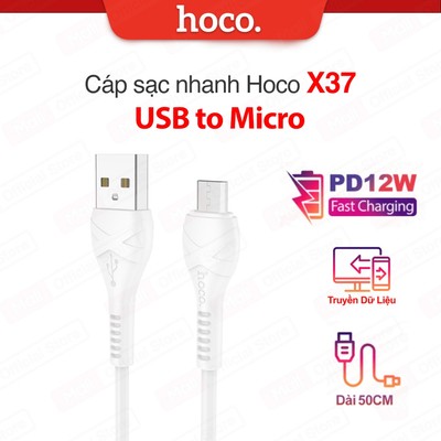 Cáp sạc nhanh PD12W USB to Micro Hoco X37 dài 50cm hỗ trợ truyền dữ liệu , dây dẻo dùng cho Android/Samsung/Oppo