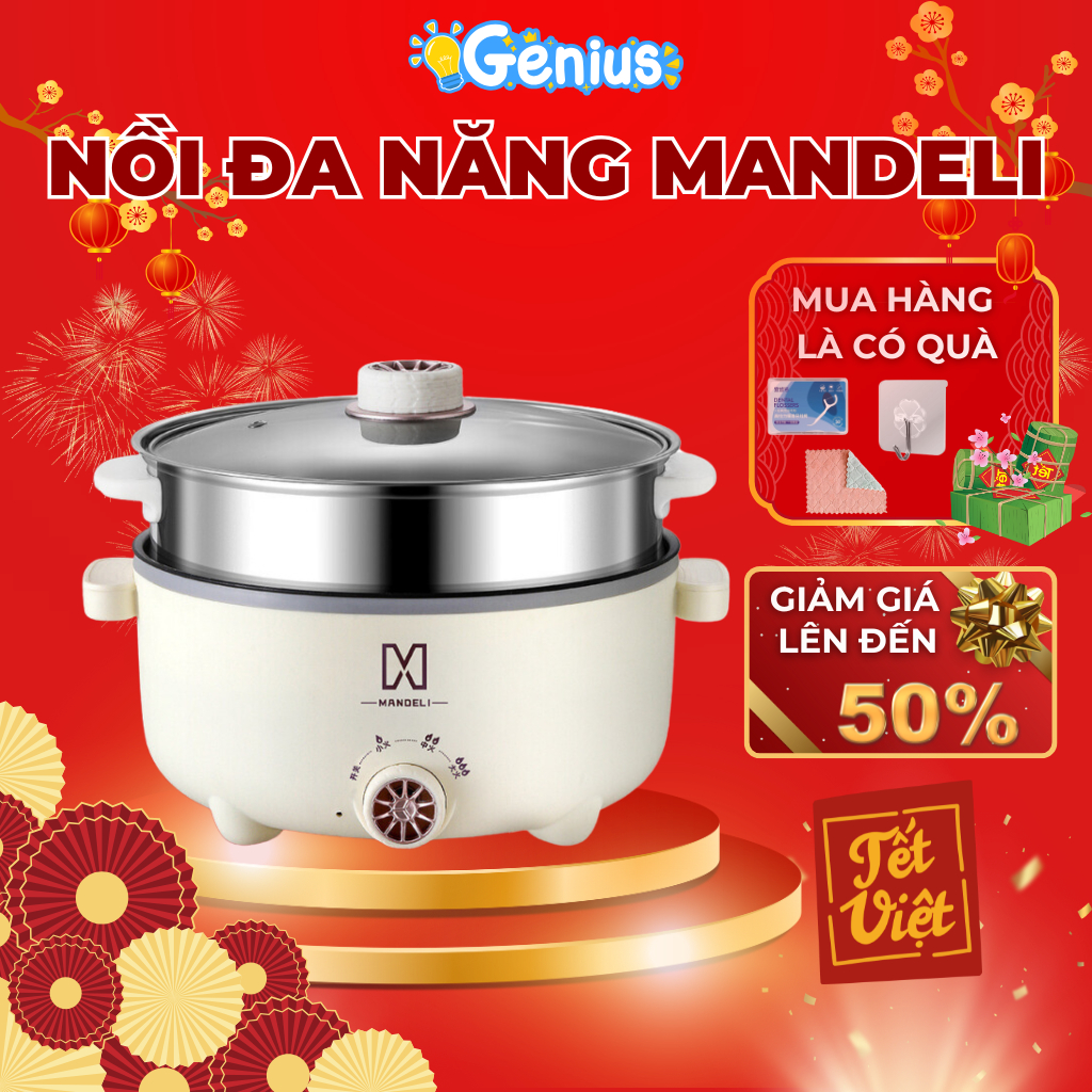 Nồi Lẩu Điện MANDELI,Nồi Điện Đa Năng Tặng Kèm Xửng Hấp Inox Dung Tích 4L Phù Hợp Gia đình 4-6 Người