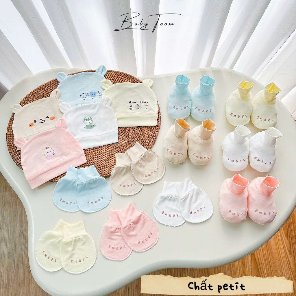 Set mũ, bao tay, bao chân chất PETIT THUN LẠNH cao cấp,màu sắc + họa tiết xinh yêu, mát mềm mịn cho bé mới sinh đến 5kg