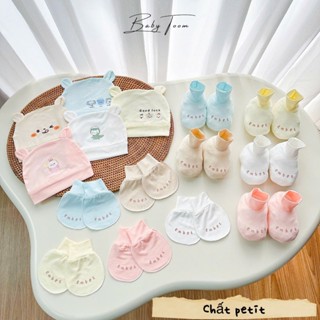 Set mũ, bao tay, bao chân chất PETIT THUN LẠNH cao cấp,màu sắc + họa tiết xinh yêu, mát mềm mịn cho bé mới sinh đến 5kg