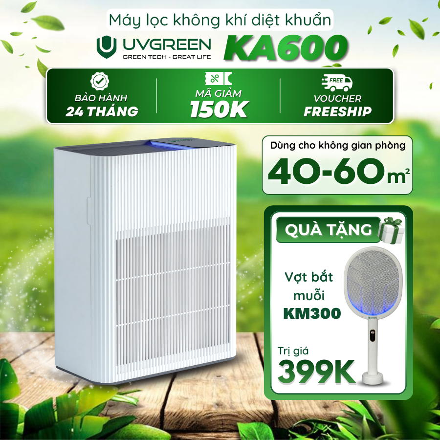 [Tặng vợt muỗi] Máy Lọc Không Khí Diệt Khuẩn UVGREEN KA600 | Cho phòng 60m2, Công Nghệ Ion âm, UVC L