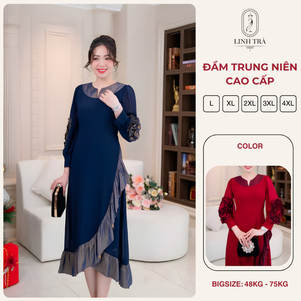 Đầm Nữ Xinh Đi Ăn Cưới [Linh Trà] Váy Thiết Kế Dáng Dài, Đầm Trung Niên Cho Mẹ U50 U60 (LT 3419)