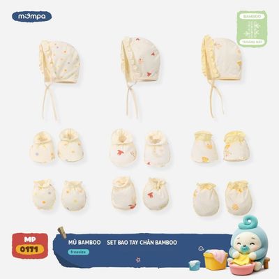 Bao tay chân mũ cho bé sơ sinh Mompa vải Sợi tre Bamboo mềm mại co giãn thấm hút 0171