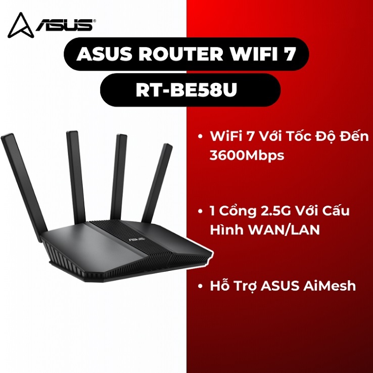 Bộ phát wifi 7 Asus RT-BE58U (Chuẩn BE/ BE3600Mbps/ 4 Ăng-ten ngoài/ Wifi Mesh/ 45User)
