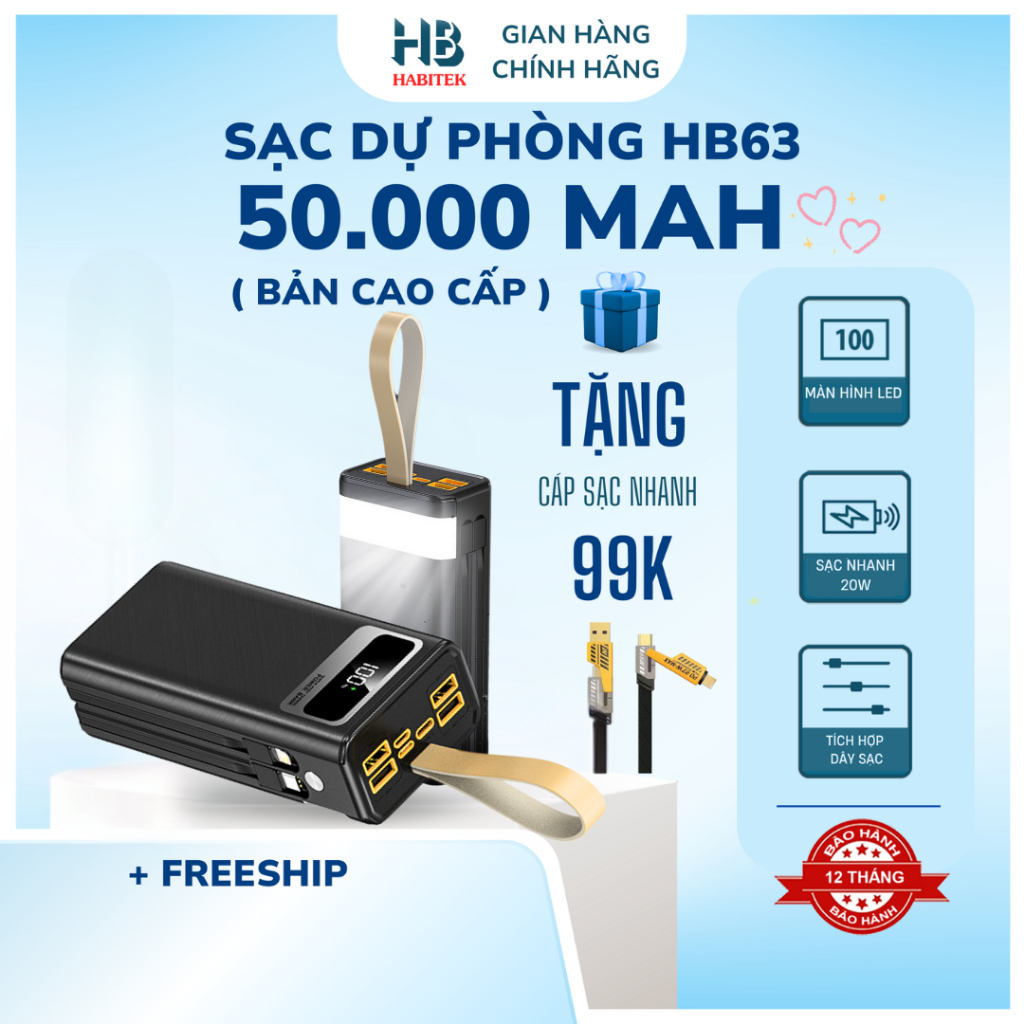 Pin Sạc Dự Phòng 50000mahHabitek HB63,Sạc nhanh 120W/22,5W Tích Hợp Cổng Sạc Và Đèn Led