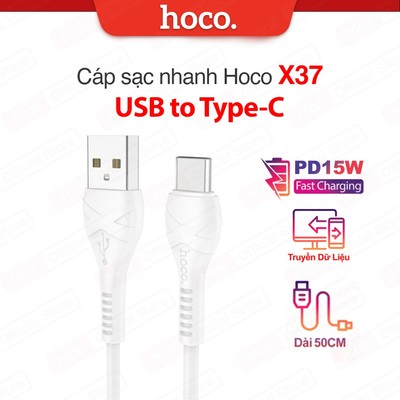 Cáp sạc nhanh PD15W USB to Type-C Hoco X37 dài 50cm hỗ trợ truyền dữ liệu dùng cho Android/15/16/17 dây dẻo siêu bền