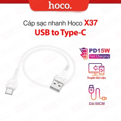 Cáp sạc nhanh PD15W USB to Type-C dài 50cm Hoco X37 dùng cho Android/15/16/17 ,hỗ trợ truyền dữ liệu ,dây dẻo siêu bền
