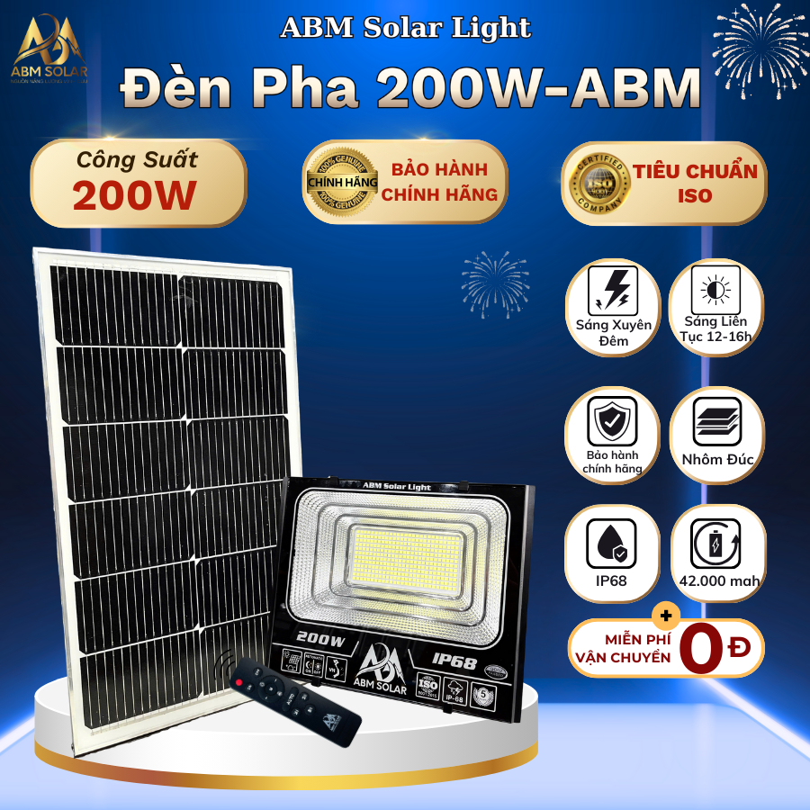 [200W] Đèn Năng Lượng Mặt Trời, Đèn Pha Chiếu Sáng Trong Nhà, Công Suất 200W ABM SOLAR