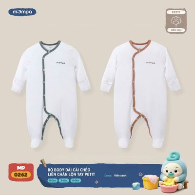 Bodysuit cho bé sơ sinh Mompa dài tay 0-9 tháng liền chân lộn tay vải Petit mềm mịn cúc bấm 0262