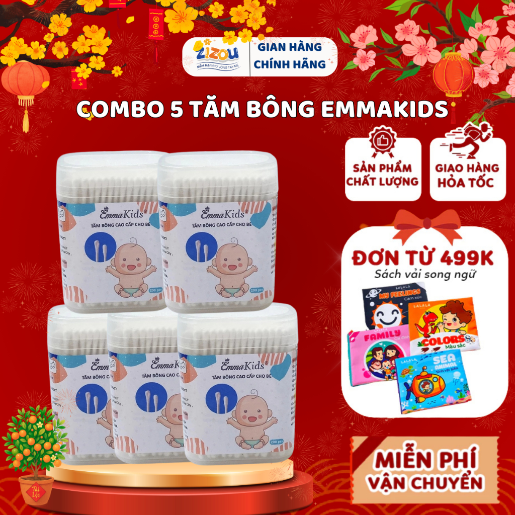Tăm Bông Ngoáy Tai Cho Bé EmmaKids Z16 Hộp 200 Chiếc - Thân Giấy Kháng Bẩn, Mềm Mại