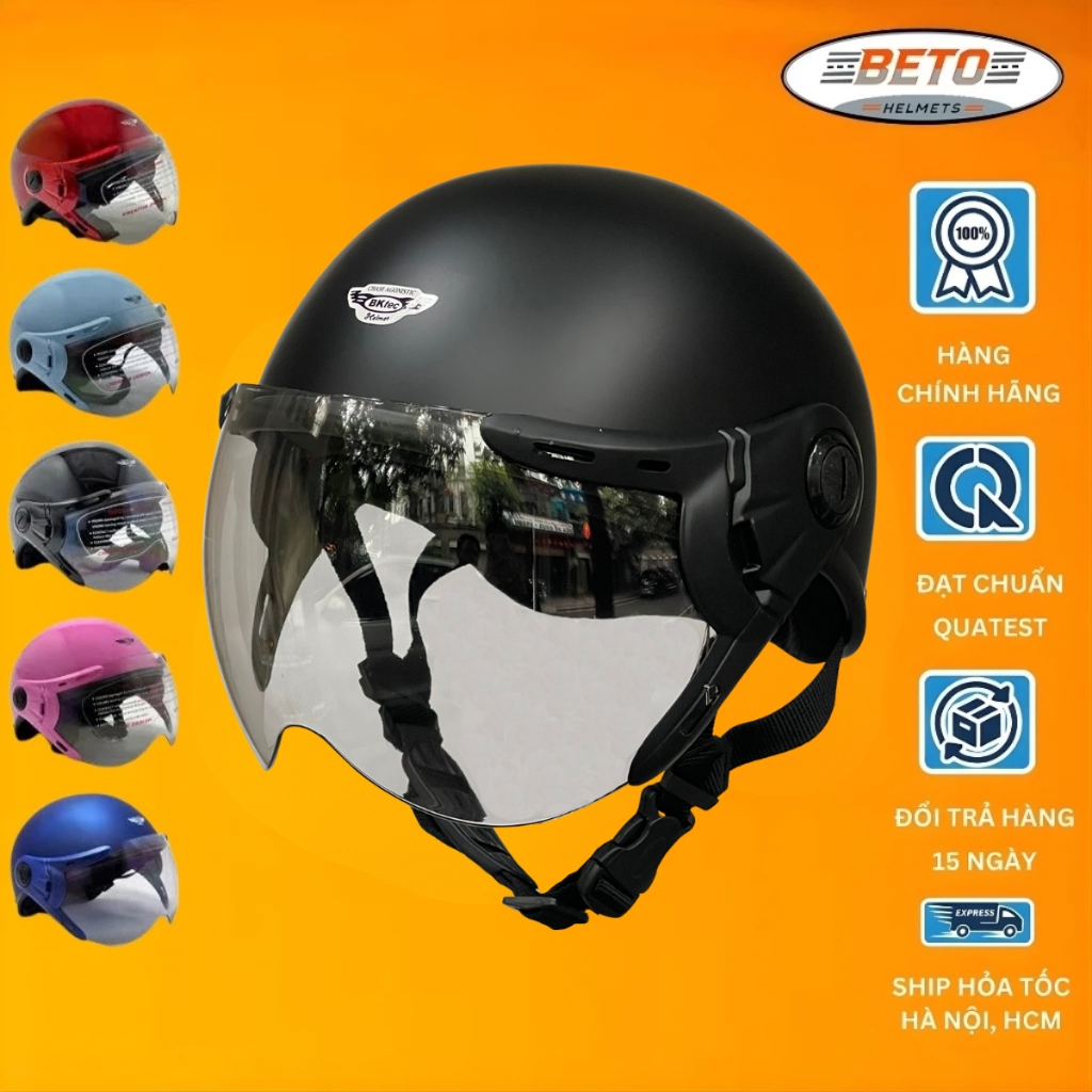 Mũ bảo hiểm nửa đầu có kính BKtec BK6 chính hãng - Nón bảo hiểm nam nữ Anfago Haley thời trang,Freesize vòng đầu 55-59cm