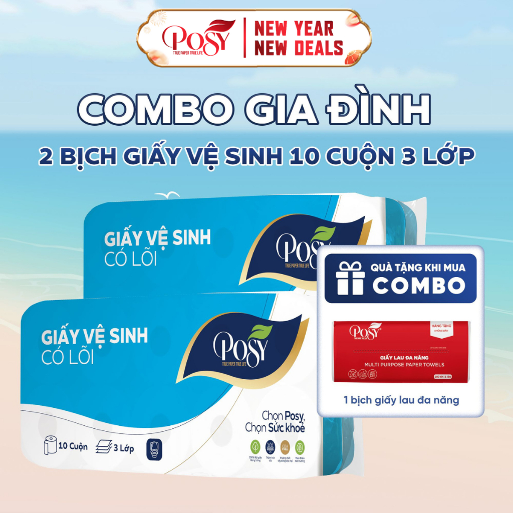 Combo 2 bịch giấy vệ sinh Posy 10 cuộn 3 lớp, Có lõi và không lõi, mềm mịn dai và dễ tan trong nước