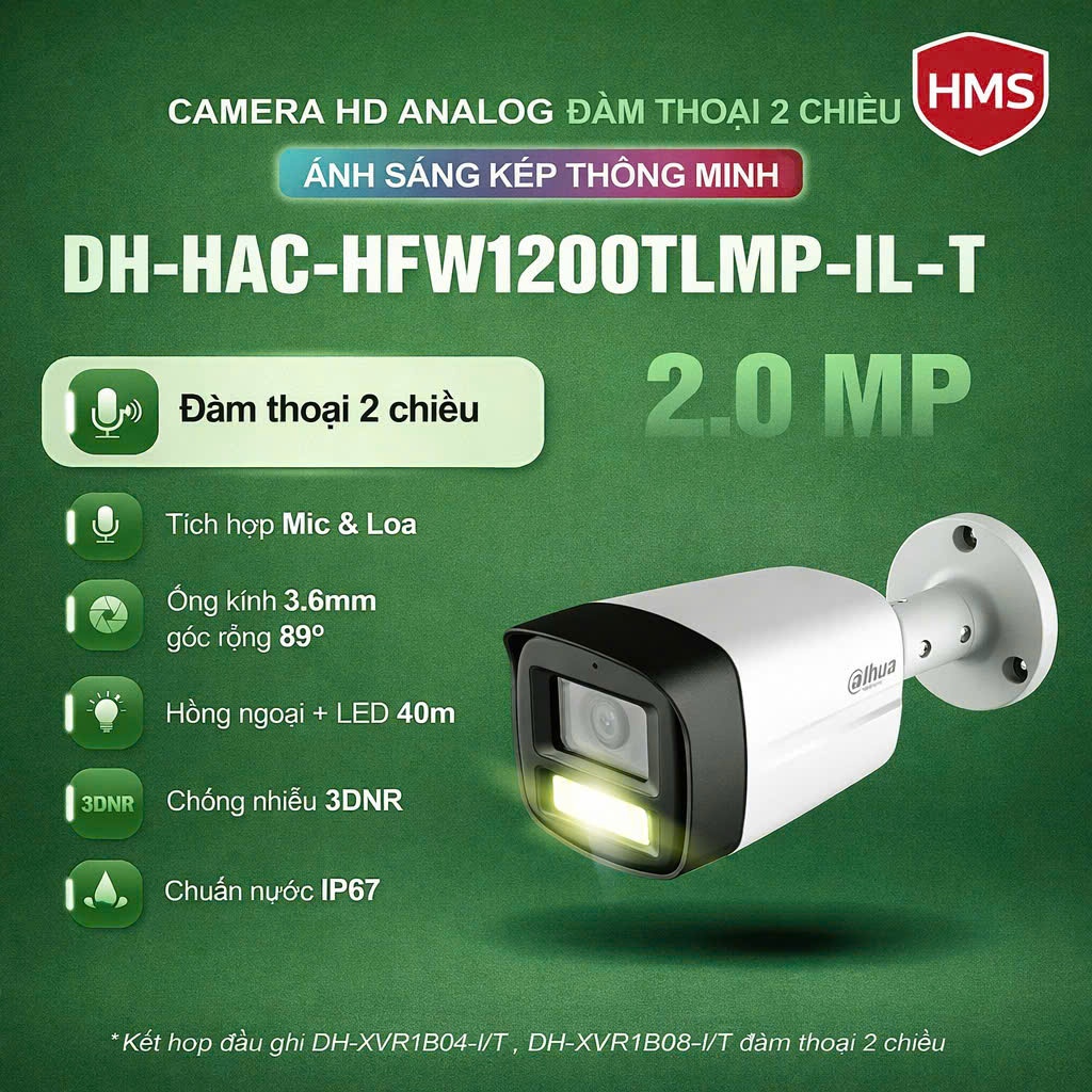 Camera analog thân to soi xa 40m, màu mic, đàm thoại 2MP Dahua mã DH-HAC-HFW1200TLMP-IL-T