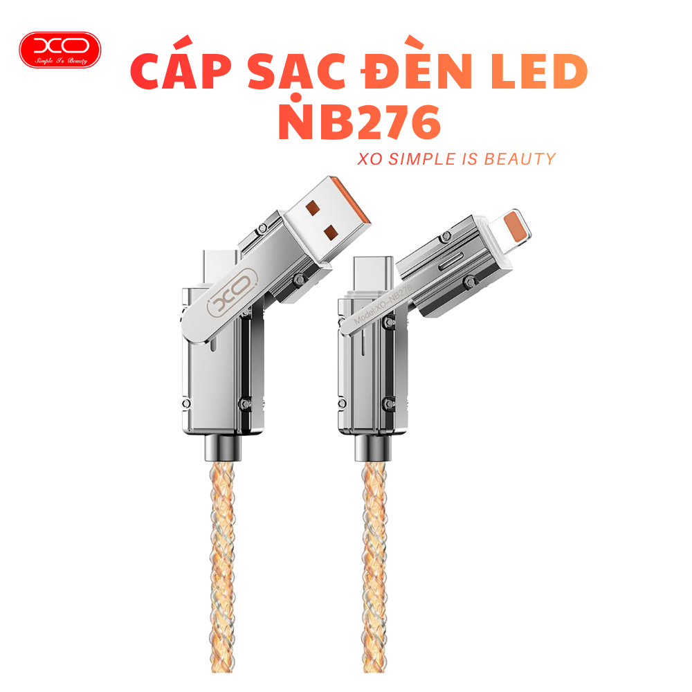 Dây cáp đèn Led NB276 XO Simple Is Beauty 4 Cổng Sạc, Sạc Nhanh, Truyền Dữ Liệu, Dài 1m