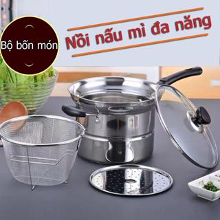 [Bộ 4 món] Nồi nấu mì đa năng bằng Inox : Nồi chiên, nồi hấp, nồi nấu canh, nồi nấu nước sốt mì, nồi hấp trứng
