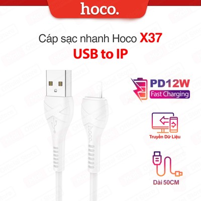 Cáp sạc nhanh PD12W Hoco X37 USB to IP dài 50cm, dùng cho ip6/7/8/X/11/12/13/14 hỗ trợ truyền dữ liệu