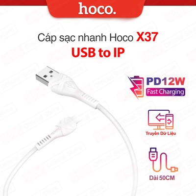 Cáp Sạc nhanh PD12W USB to IP Hoco X37 dài 50cm dùng cho ip6/7/8/X/11/12/13/14 hỗ trợ truyền dữ liệu